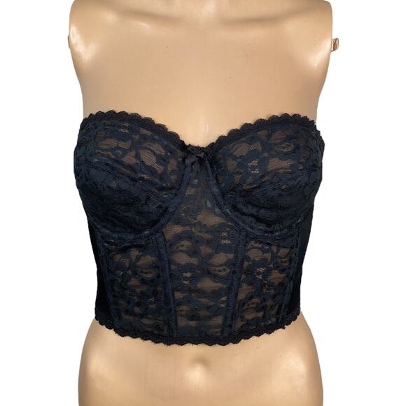 Vtg Black Lace Gothic Strapless Sweetheart Sheer Boned Corset Top SZ 34C - Picture 1 of 8